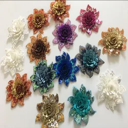 1Ps 3d Small Flower Sequin Patches Embroidery Patch Military Applique Sew Clothing Wedding Evening Dress Accessory Gold Blue