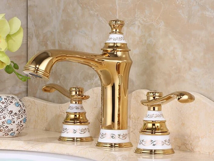 Solid Brass Gold Finished 3 Pieces Faucets Set 2 Handles Sink Basin Faucet, 3 Holes Basin Mixer BF918