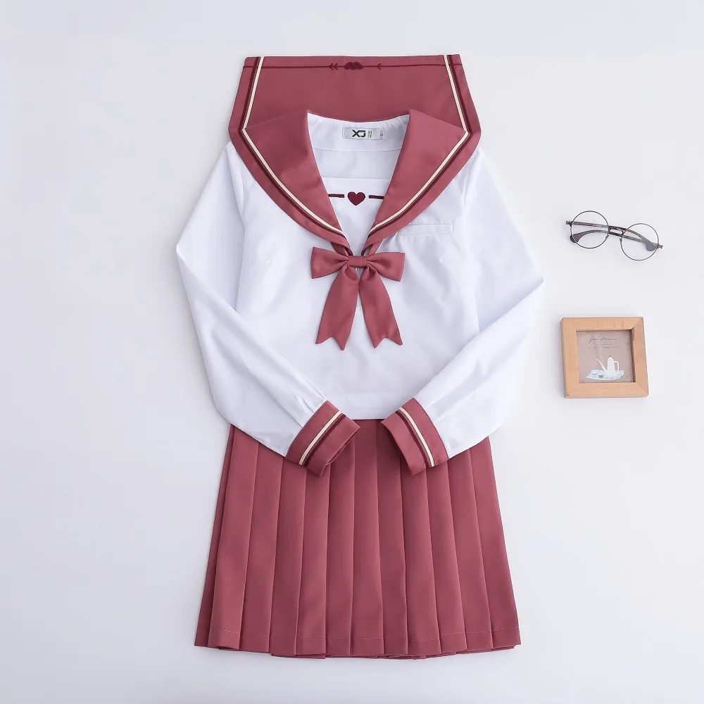 New School Uniforms For Girls Cupid Heart Embroidered Student Suit Long Sleeve Japanese Cosplay Jk College Sailor Uniform Pink