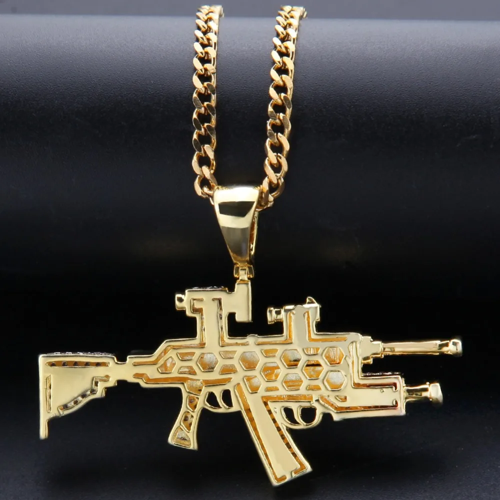 Hip Hop AAA CZ Stones Paved Bling Ice Out Sniper Rifle CS GO Gun Pendants Necklace for Men Rapper Jewelry Gold Color Gift