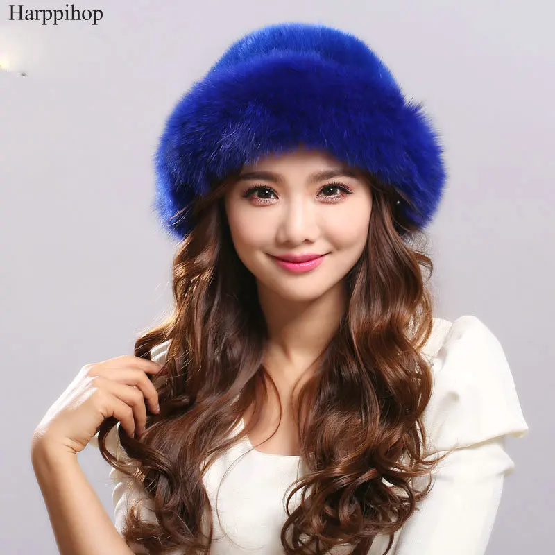 

Autumn and winter women's real mink fur hat fox Russian sun hat Fashion warm natural fur mink and fox fur knitted Beanies