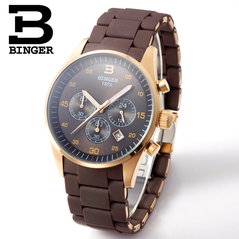 Luxury Brand Switzerland BINGER Men Stainless Steel Sapphire Luminous Gold Quartz Watches Hunter Three Eye Stopwatch waterproof