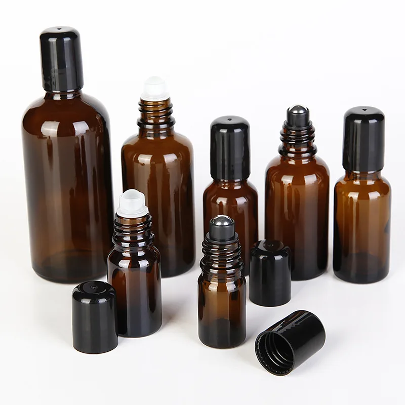 

12pcs/lot Amber Glass Roll On Bottle Empty Essential Oil Bottle With Black Metal Rollon 5ml 10ml 15ml 20ml 30ml 50ml 100ml