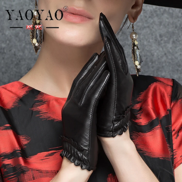 YY8850 Branded Women Genuine Leather Gloves Feminino Lace Convergent Driving Short Thin Luvas Mujer Short Guantes Screen Touched