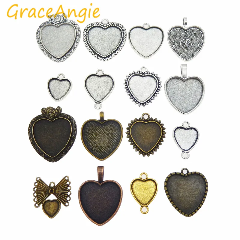 GraceAngie 15pcs/pack Assorted Heart Setting Tray Bezels Blank for photo pendant jewelry Accessories Classic Vintage Style