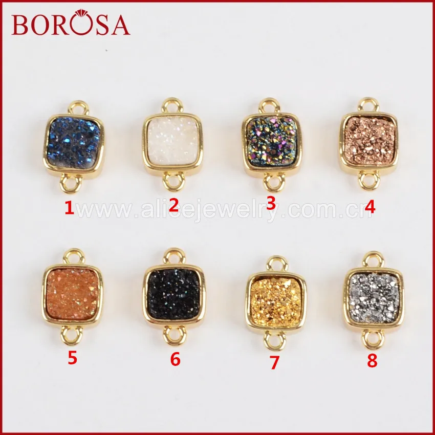 

BOROSA Druzy Stone Connectors Square Gold Color Bezel Natural Stone Titanium Rainbow Druzy Charms Connector Double Bails ZG0140