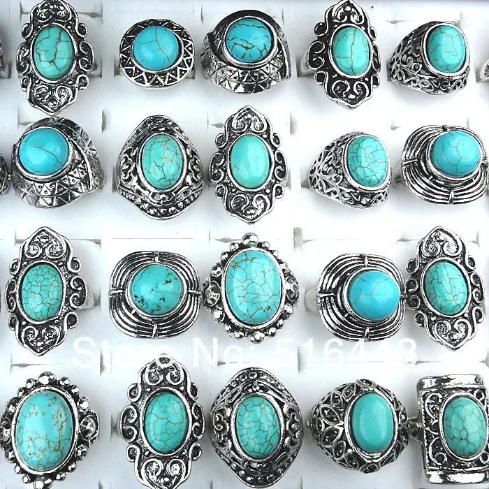 

New Arrival 30pcs Wholesale Vintage Jewelry Lots Turquoise Stones Antique Silver Plated Women Mens Rings A-145