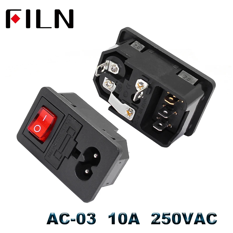 IEC320 C14 Electrical AC Socket 3 pin red LED 250V Rocker Switch 10A fuse female male inlet plug connector 2 pin socket mount