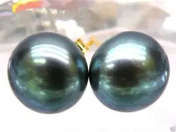 free shipping HOT Perfect 9mm BLACK Peacock Green South Sea Pearl 14k/20 Gold Earrings