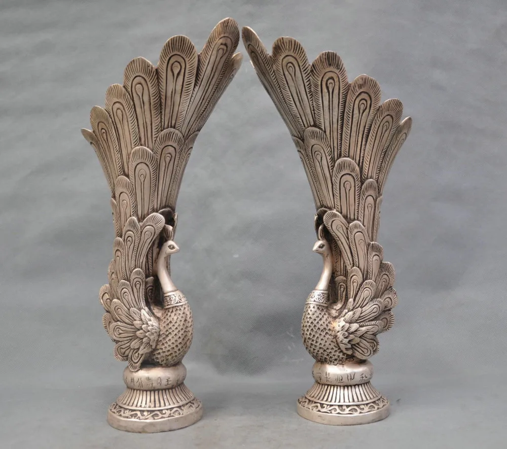 

2pcs 14'' China Silver Bronze Peacock Vase pair of Bronze copper tools wedding Decoration Brass real Brass Bronzeroom Art