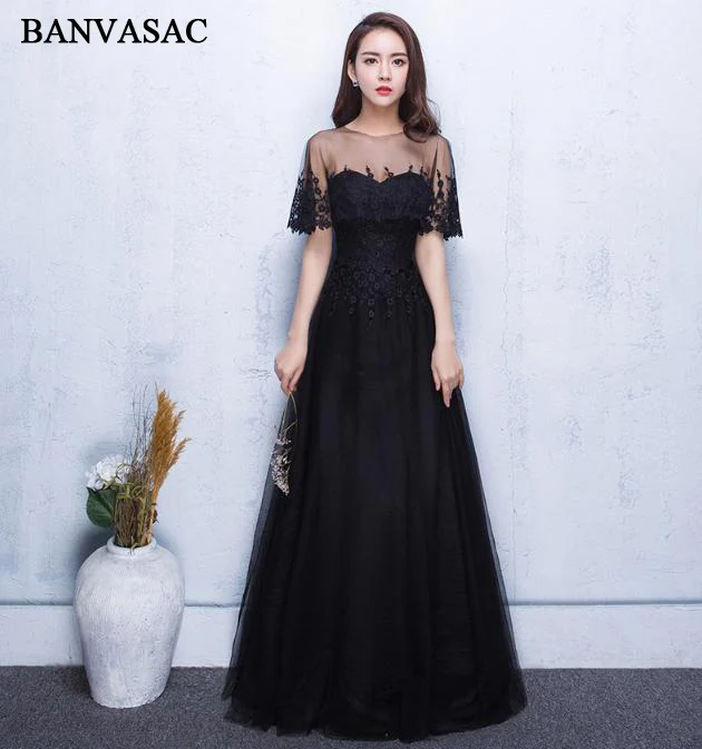 

BANVASAC O Neck Lace Half Sleeve 2018 Long Evening Dresses Party A Line Embroidery Illusion Zipper Back Prom Gowns