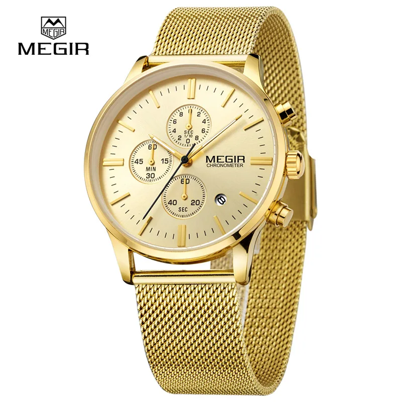 MEGIR fashion men\'s business quartz watches casual stainless steel mesh band wristwatch man luminous dress watch for male 2011G