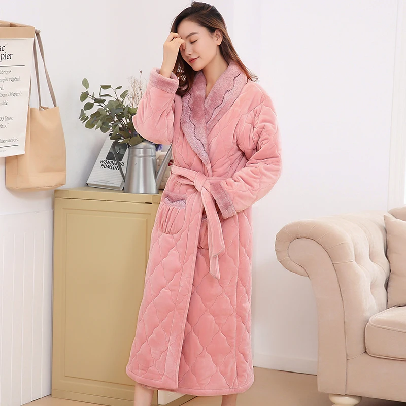 Winter New Coral Fleece Quilted Lady Robe Kimono Bathrobe Nightgown Thick Warm Long Sleeve Sleepwear Bath Night Gown M-XXXL