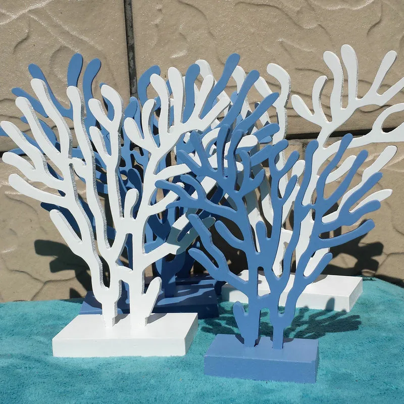 

Mediterranean Style Wooden Coral Set, Desktop Ornaments, White Ocean Blue, Handmade Crafts, Home Decorations, 3 Pcs