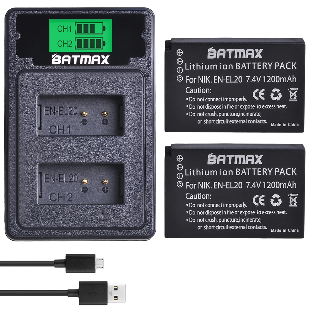 EN-EL20 EN EL20 EN EL20a Battery + LCD Dual USB Charger with Type C Port for Nikon Coolpix P1000 Nikon1 J1, J2, J3 Nikon1 AW1