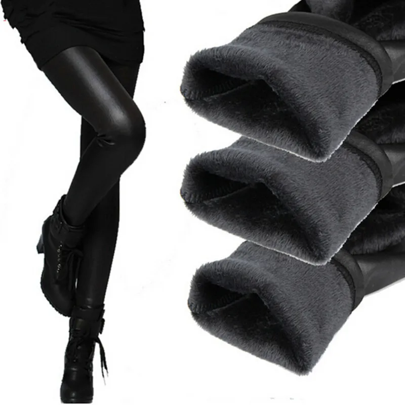 YSDNCHI Winter Leather Leggings Women Pants Elastic High Waist Warm Leggin Thick Velvet Pants Black Push Up