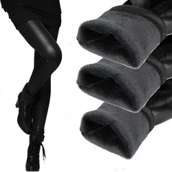 YSDNCHI Winter Leder Leggings Frauen Hosen Elastische Hohe Taille Warme Leggin Dicke Samt Hosen Schwarz Push-Up