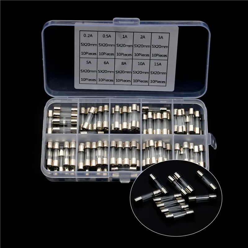 100PCS/BOX 12 Values Fast Blow Glass Tube Fuses Assorted Kit Quick Blow Glass Fuse 0.2A 0.5A 1A 2A 3A 5A 6A 8A 10A 15A 20x5mm