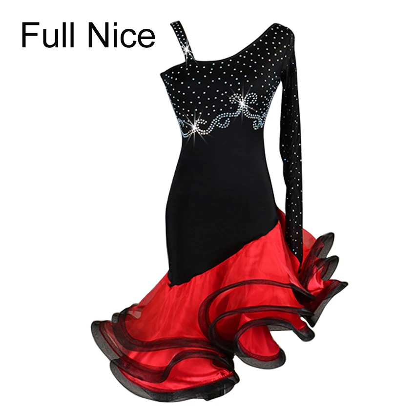 Women Girl Latin dance dress Diagonal single-sleeve double-layer tape hem tango salsa cha cha rumba Dance Dress costume