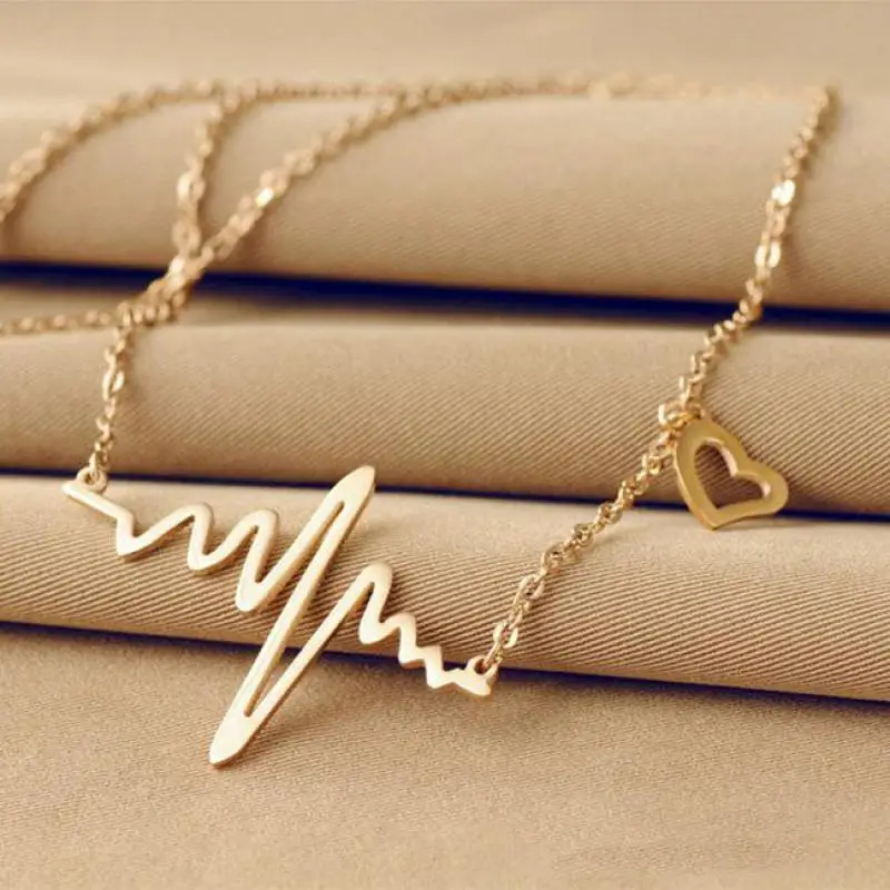 Simple Wave Heart Necklace Chic Ecg Pulse  Charm Pendant Necklace Lightning Women Vintage Jewelry Accessories