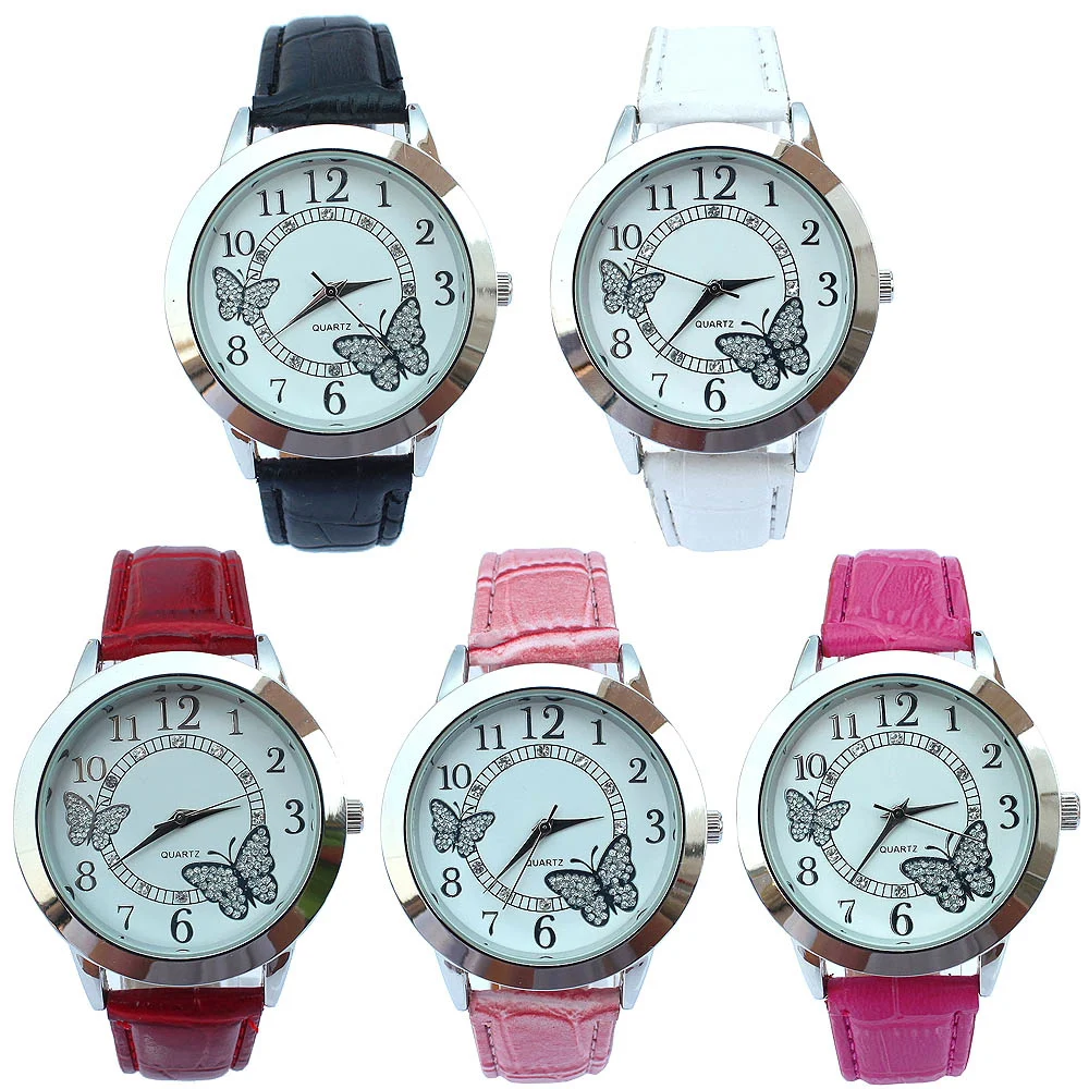 

10pcs/Lot Mixed Colors Fashion White Crystal Diamonds Butterfly Leather Bracelet Watch White Lady Woman Quartz Wristwatches U16M