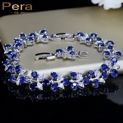 Pera Elegant Royal Jewelry White Gold Color Big leaf Shape Roman Women Bangles & Bracelets With Blue Cubic Zirconia Stone B072