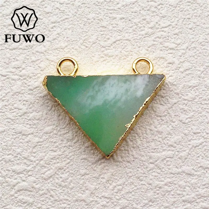 

FUWO Wholesale Natural Chrysoprase Pendant,Golden Plated Double Loops Triangle Semi-precious Stones Accessory Jewelry 5Pcs PD090