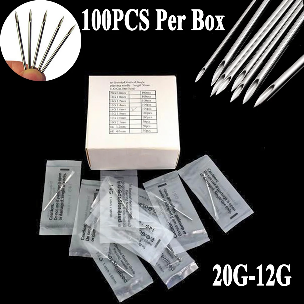 BOG-100PCS/Box Tri-Beveled Medical Grade Surgical Steel Disposable Sterile Body Piercing Needles For Nose Belly Lip 20g-12g