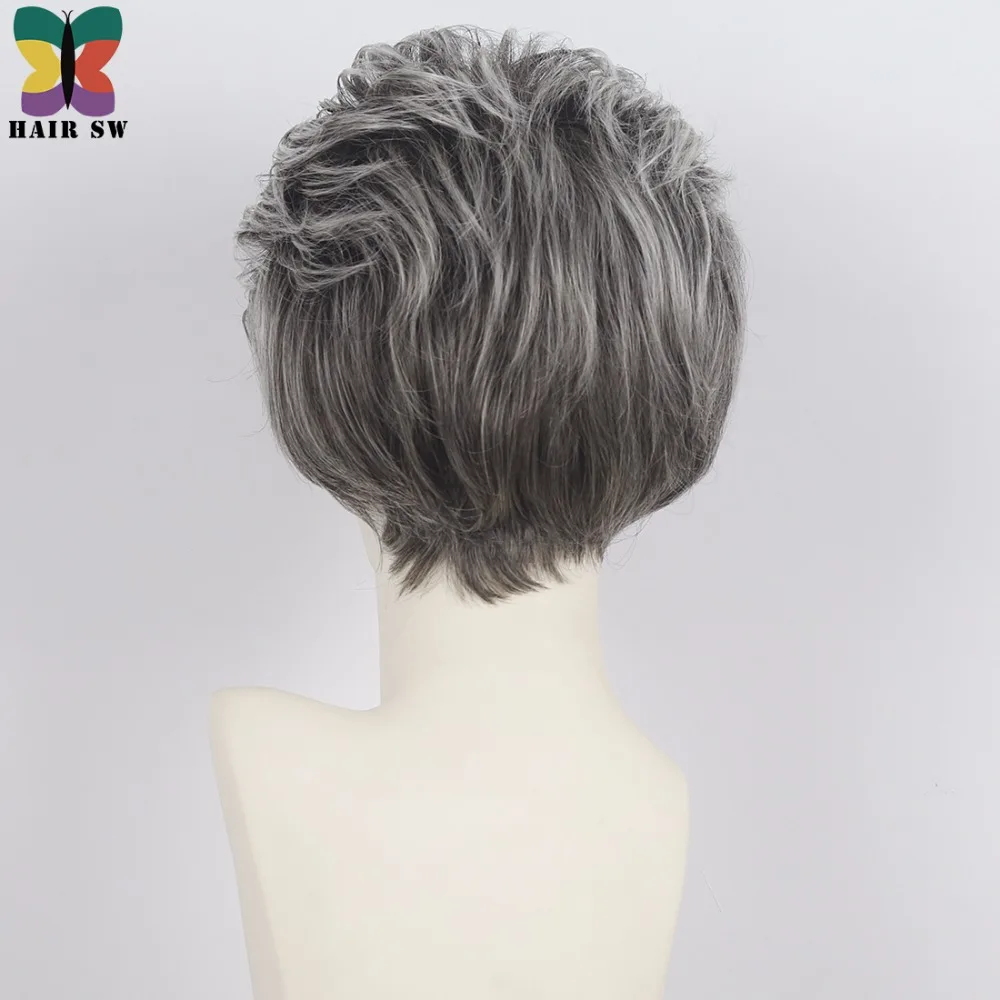 RAMBUT SW Pixie cut wig berlapis Perak Abu-abu Pendek Lurus Berbulu gaya rambut dengan poni rambut Sintetis untuk wanita yang lebih tua