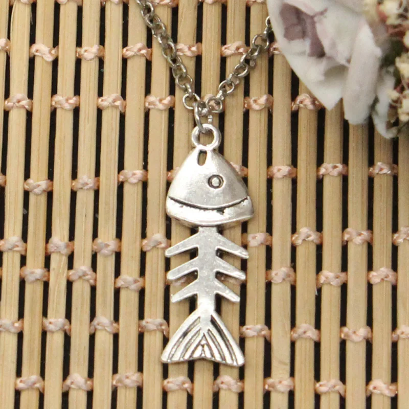New Fashion Fish Bone Pendants Round Cross Chain Short Long Mens Womens DIY Silver Color Necklace Jewelry Gift