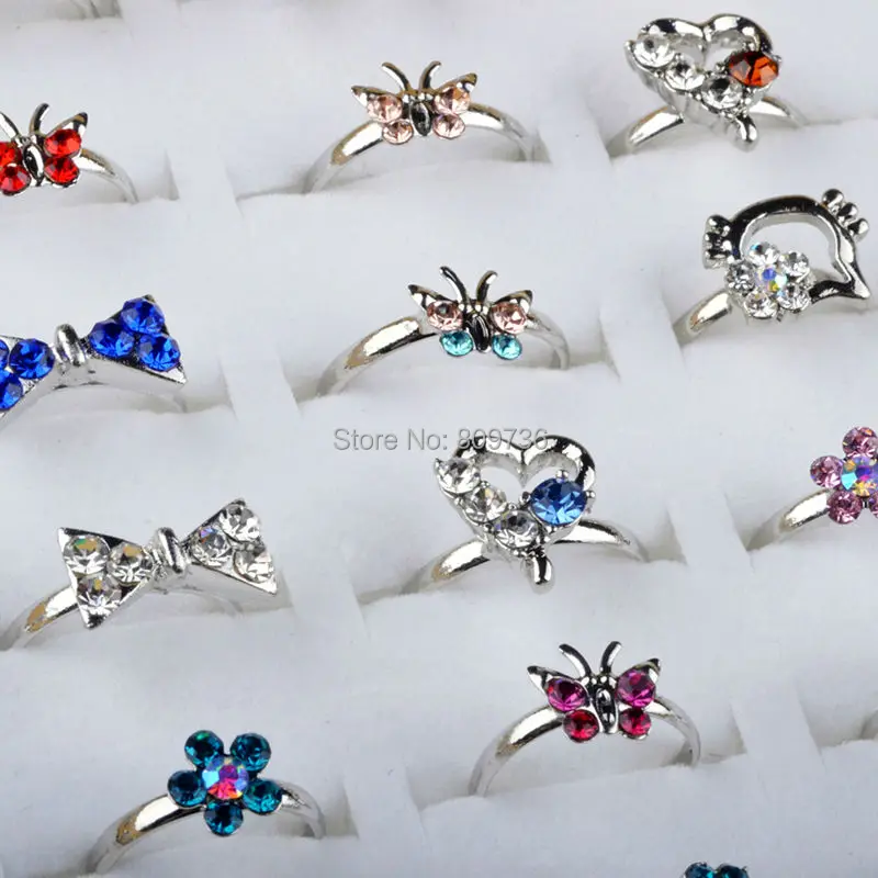 Mix Lot 60pcs Silver Plated kids ring Assorted Design Crystal Ring Child Party Small Size Adjustable Heart ring Wholesale