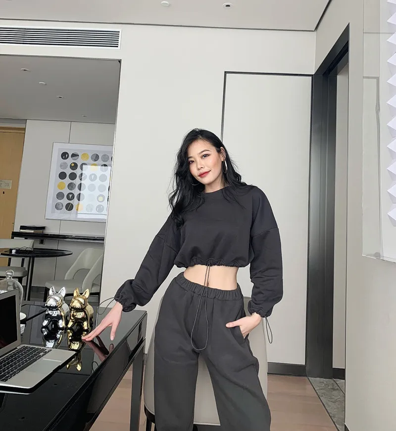 

Autumn Winter Women Crop Top and Pants Two Piece Set Tracksuit Basic Solid Color Outfits Sweatshirt Pullover Joggers 2 Piece Set