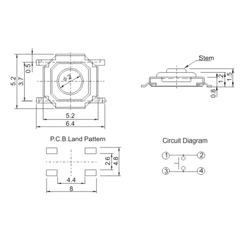 12V 5.2*5.2*1.5mm 12V 0.5A 4 Pin SMT Push Button Switch Metal Tactile Micro Tact Touch Switch Copper Interruptor 4x4x1.5