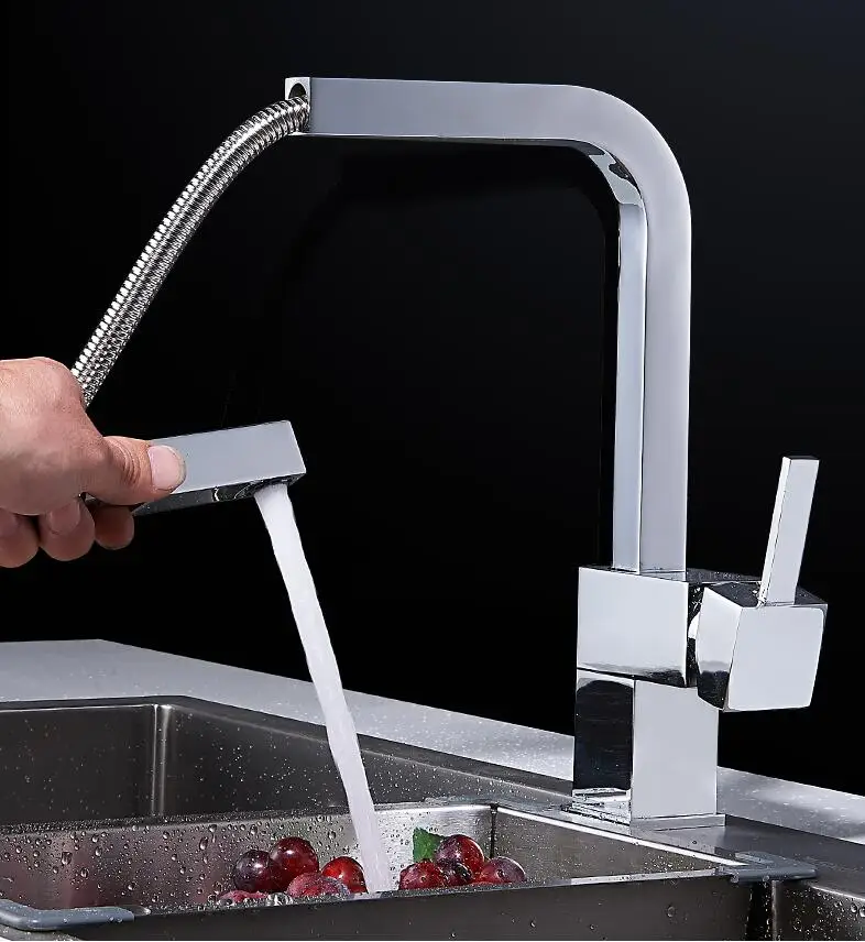 Newly Arrived Pull Out Kitchen Faucet chrome Sink Mixer Tap 360 degree rotation squre kitchen mixer taps Kitchen Tap