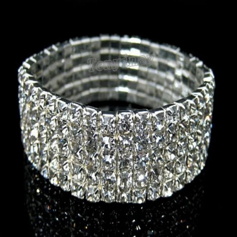 

Wedding Jewelry 5 Rows Clear Transparent Rhinestone Stretchy Bride Bangles 12pcs/Lot