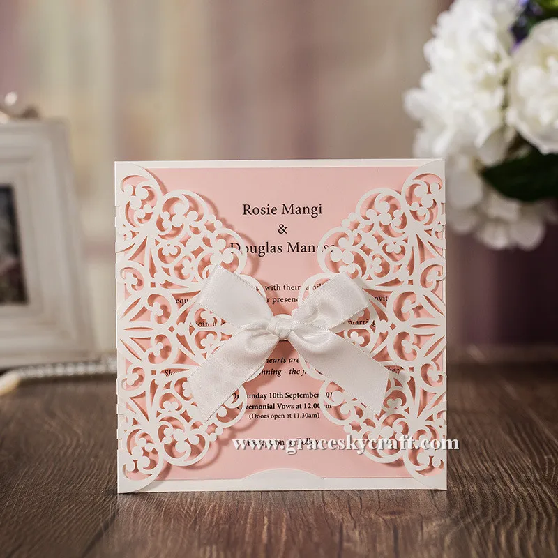 50pcs free shipping New pearlescent laser cut Lace flowerpaper wedding invitation cards text customized party invitation