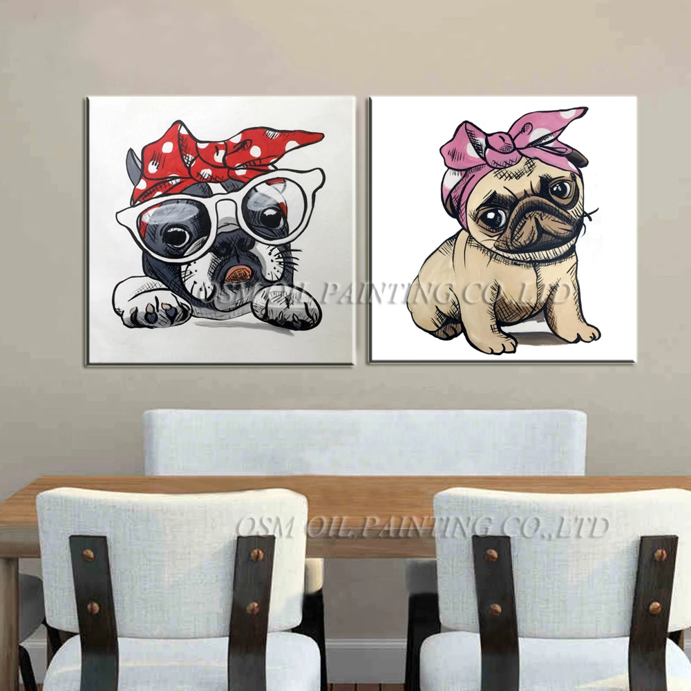 Bulldog Oil Painting On Canvas Handmade Bowknot Lovely Dog for Living Room Decor Modern Abstract Cartoon Pet Animal