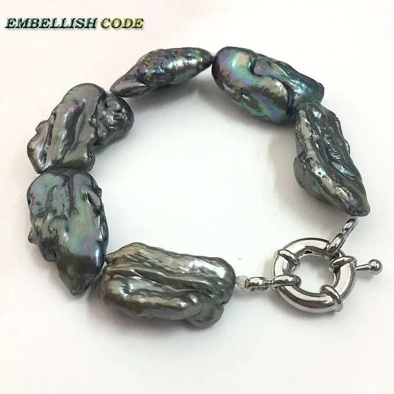 NEW irregular Rectangle shape real freshwater pearl bracelet fine jewelry color dark green with black few brown color for women