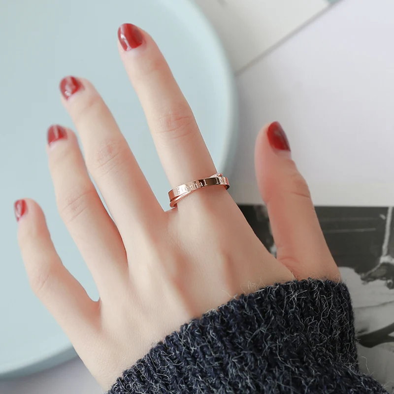 YUN RUO Letters Double Circle Ring Rose Gold Color Fashion Titanium Steel Jewelry Wedding Gift Woman Never Fade High Quality