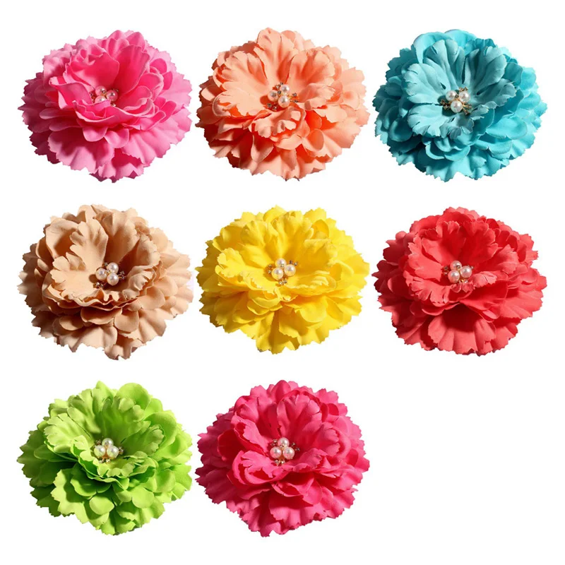 

120pcs/lot 11cm 20colors Hair Clips Peony Flowers With Pearl Buttons For Girls Hair Accessories Fabric Flowers For Headbands DIY