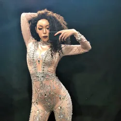 Traje de baile con diamantes de imitación para mujer, leotardo Sexy, mono elástico alto para Bar, club nocturno, cantante, DJ, Pole Dancing, ropa de escenario para actuaciones