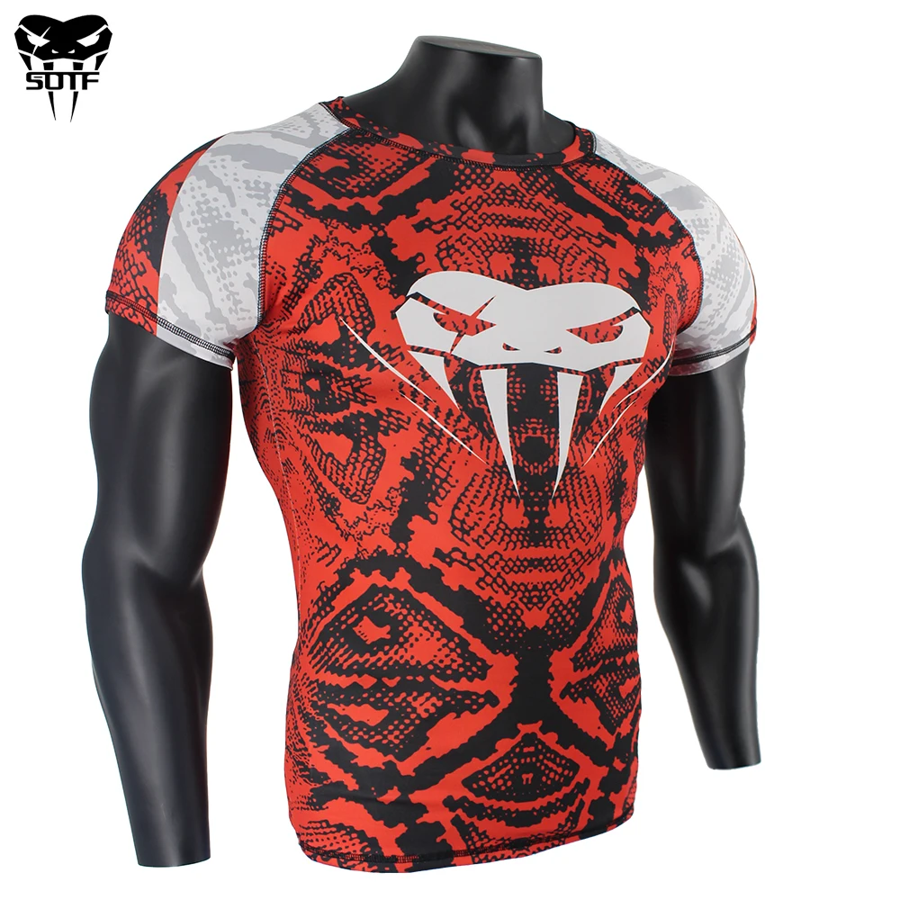 SOTF skala węża z krótkim rękawem fitness MMA koszulki bokserskie tygrys muay thai rashguard jiu jitsu król boks t shirt mma kompresja