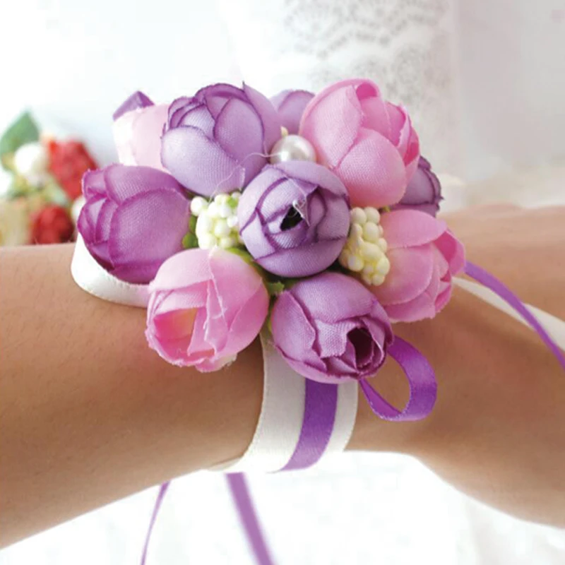 Wedding Bride Girl Bridesmaid Floral Hand Wrist Corsage Adjustable Ribbon Rose Bracelets Ceremony Party Prom Flower decoration