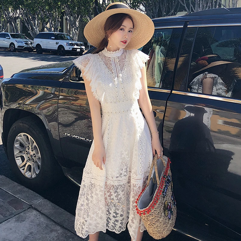 

White Lace Dress Party Cute Women Butterfly Sleeve Flower Embroidery Pearls Long Dresses Lace Hollow Out Summer Dresses Vestidos