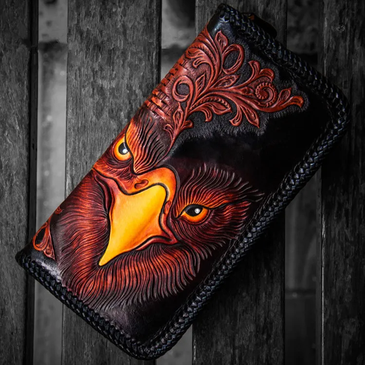 Handmade Gentleman Wallets knitting Carving Eagle Purses Men Long Clutch Vegetable Tanned Leather Wallet Card Holder