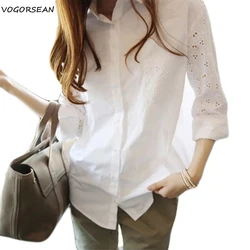 Women White Blouse Shirt Summer High Quality New Large Size Long sleeve Lace Hollowing Leisure Office Womens White Tops