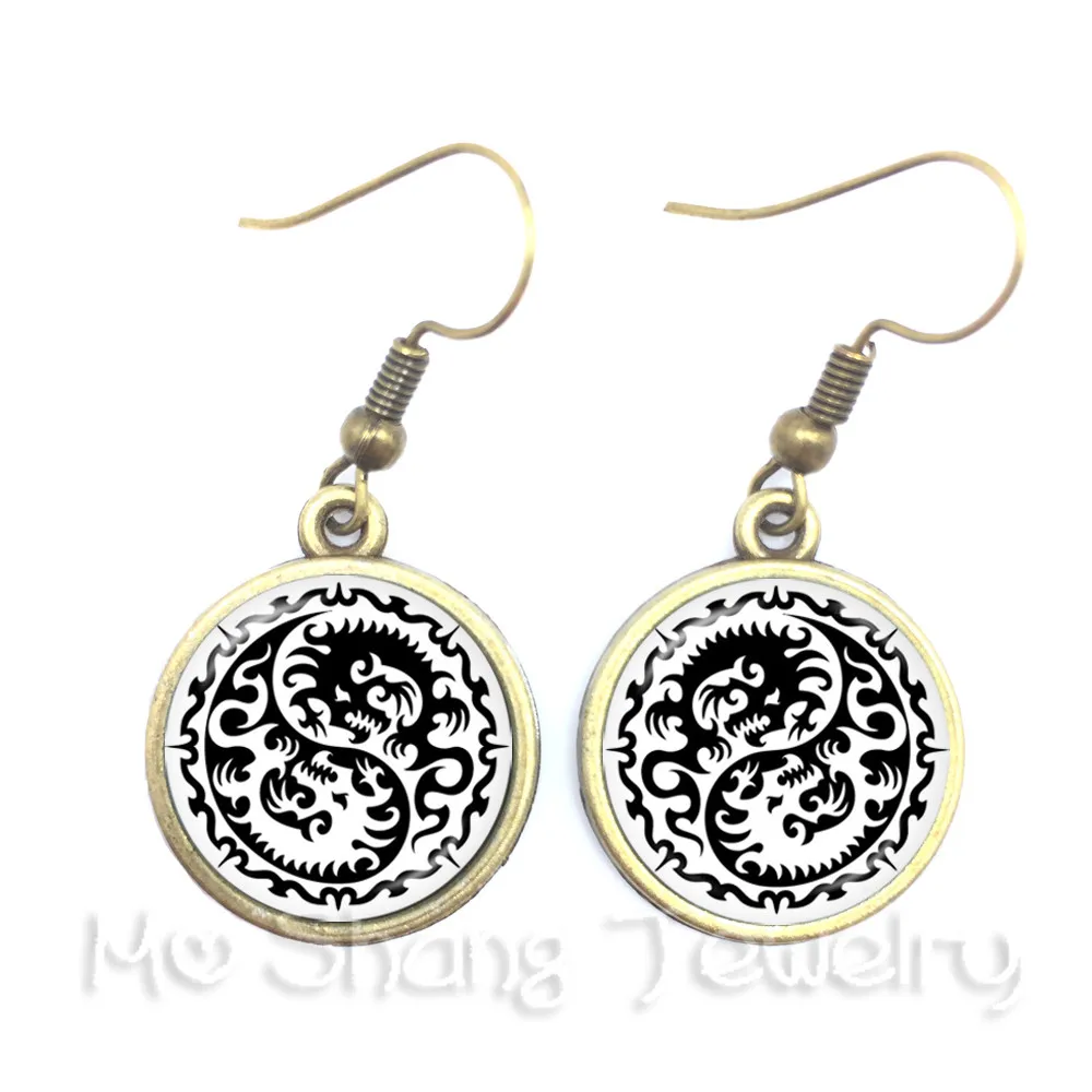 Yin Yang Glass Earrings Black and White Flower Symbol Jewelry Pendant Natural Rustic Boho Style Symbolizing Harmony