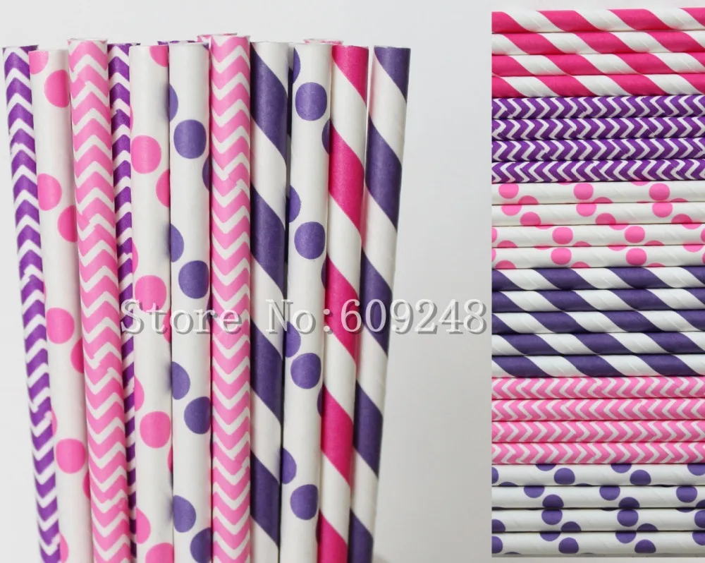 150 Pcs Drinking Paper Straws Mix,Hot Pink and Purple Striped,Polka Dot and Chevron,Party Retro Art Old Fashioned Paper Straws