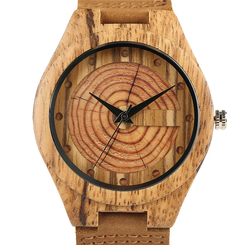 Men\'s Wood Watch Handmade Annual Rings Block Points Black Hands Men Quartz Wrist Watches Brown Genuine Leather Starp Sports Hour