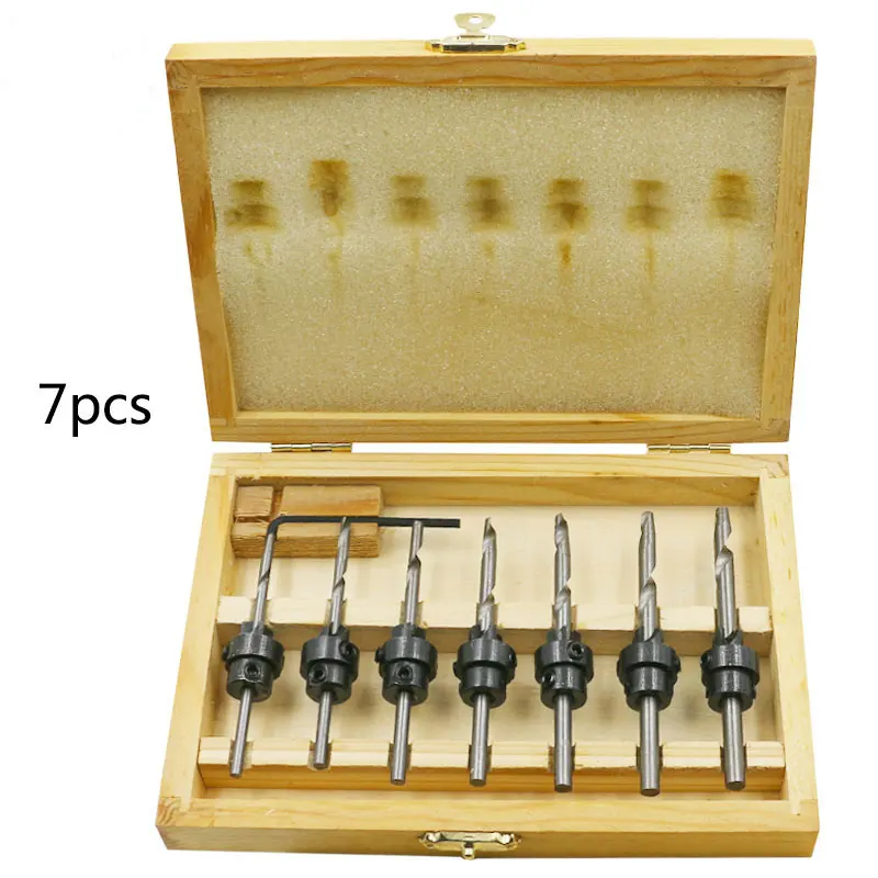22PC Wood Screw Drill Sinking Head Countersink 7 Sets Of Woodworking Drill Cone Hole Drill Box